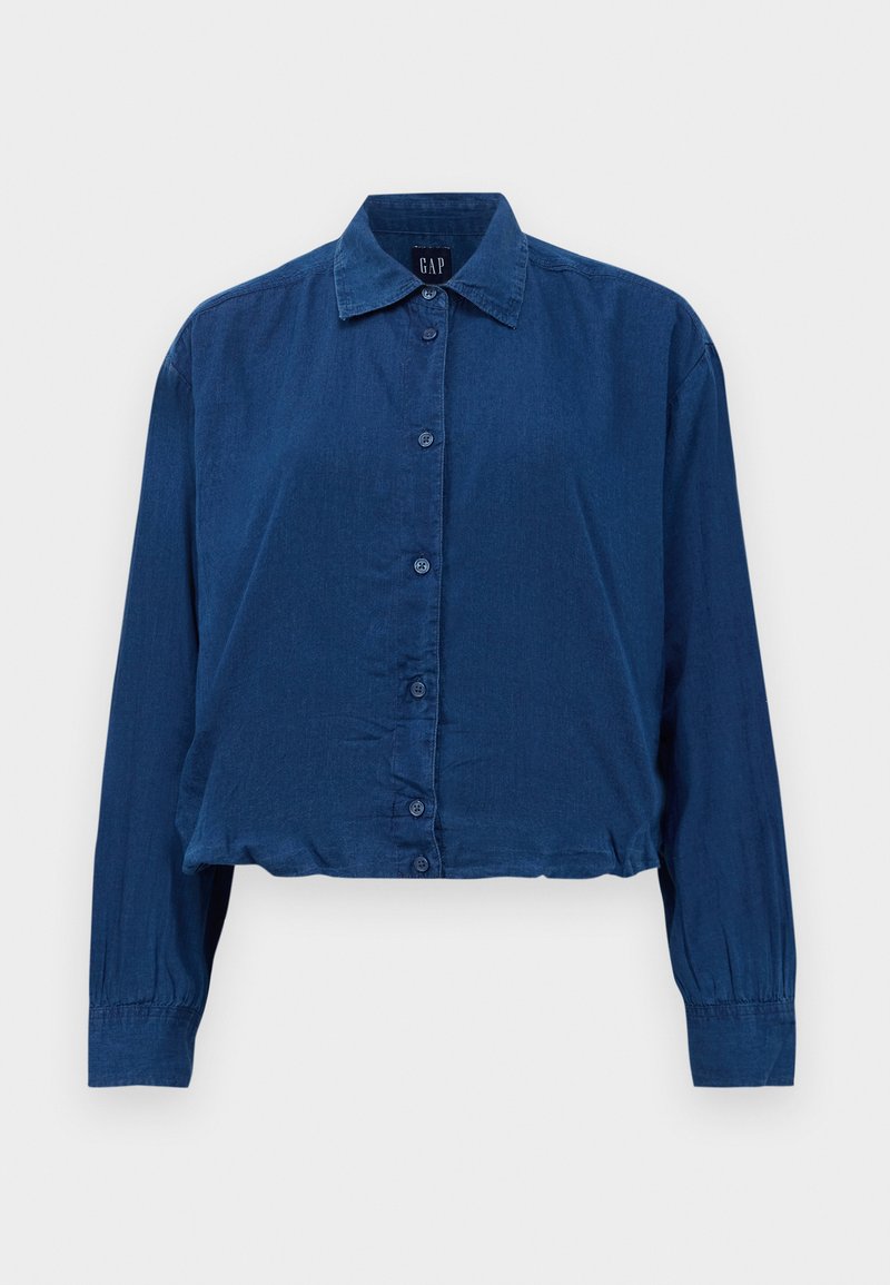 Langarmige dunkelblaue Jeanshemd mit Druckknopfverschluss, klassischem Kragen und gerafften Manschetten, kurz geschnittenem Saum, hergestellt von GAP.