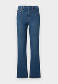 Hoch taillierte, ausgestellte Jeans aus dunkelblauem Denim. Mit klassischem Fünf-Taschen-Design, Kupfernieten und einer strukturierten Oberfläche mit dezenten Verwaschungen.