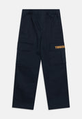 Marinefarbene Cargo-Hosen mit elastischem Bund, zwei Seitentaschen und orangefarbenem "TIMBERLAND"-Schriftzug am linken Bein.
