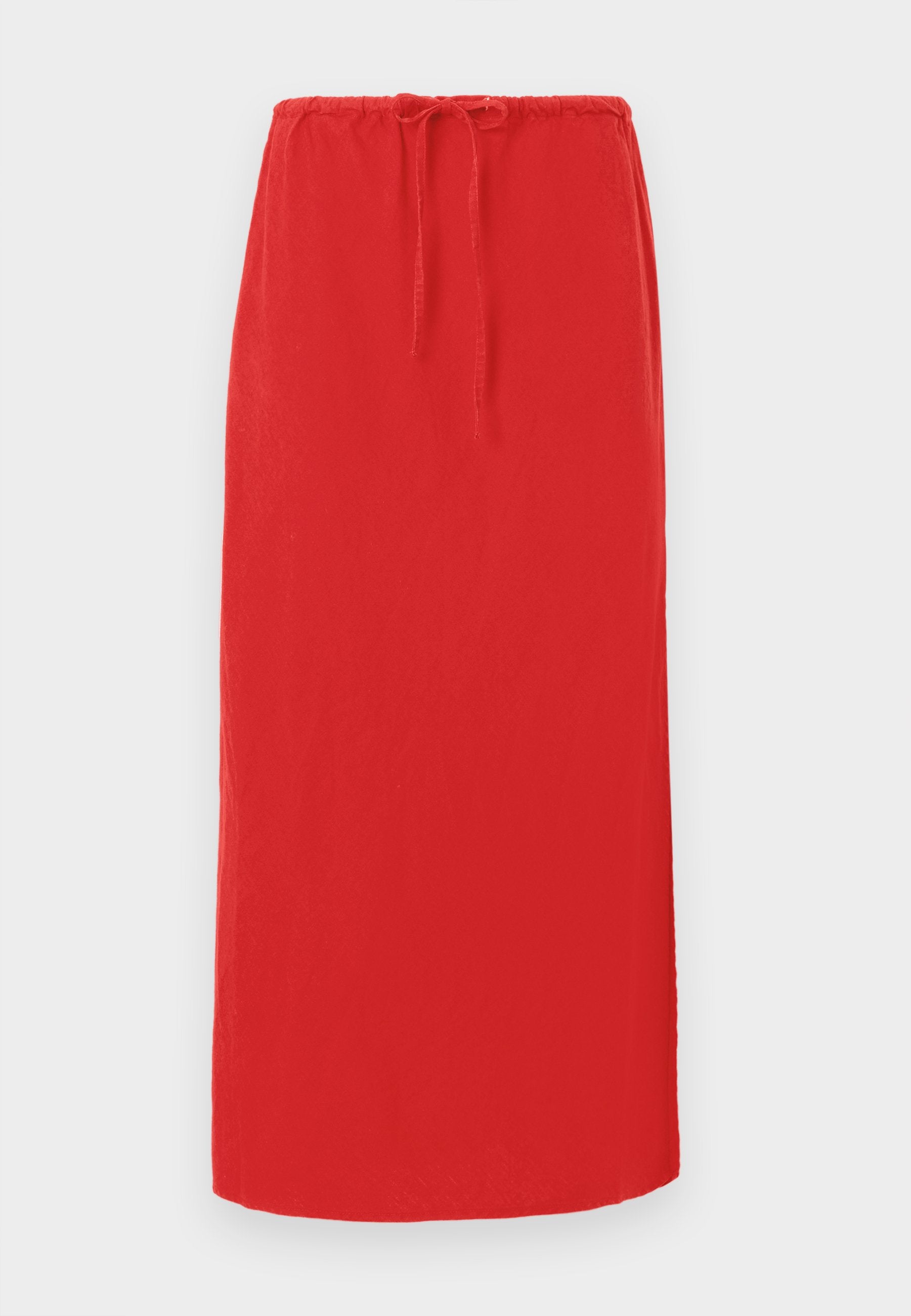Roter, knielanger Rock aus leichtem Stoff mit elastischem Bund und Kordelzug für eine verstellbare Passform. Glatte Textur, keine sichtbaren Muster.