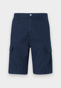 Marine Cargo-Shorts aus strapazierfähigem Material, mit Seitentaschen, Knopfverschluss und geradem Schnitt. Glatte Textur, funktioneller Stil.