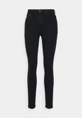 Schwarze Skinny-Jeans aus Denim, mit hoher Taille, fünf Taschen und einem vorderen Knopfverschluss. Slim Fit mit knöchellangem Design.