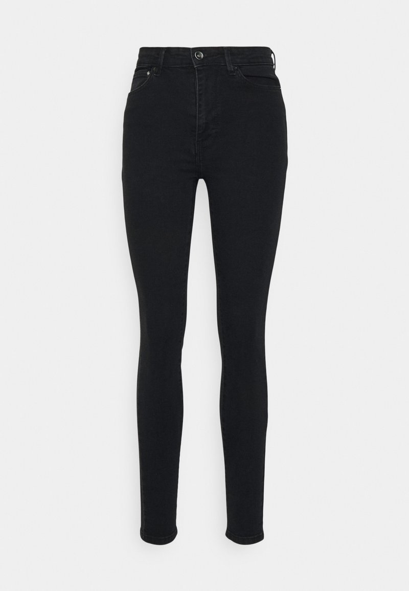 Schwarze Skinny-Jeans aus Denim, mit hoher Taille, fünf Taschen und einem vorderen Knopfverschluss. Slim Fit mit knöchellangem Design.