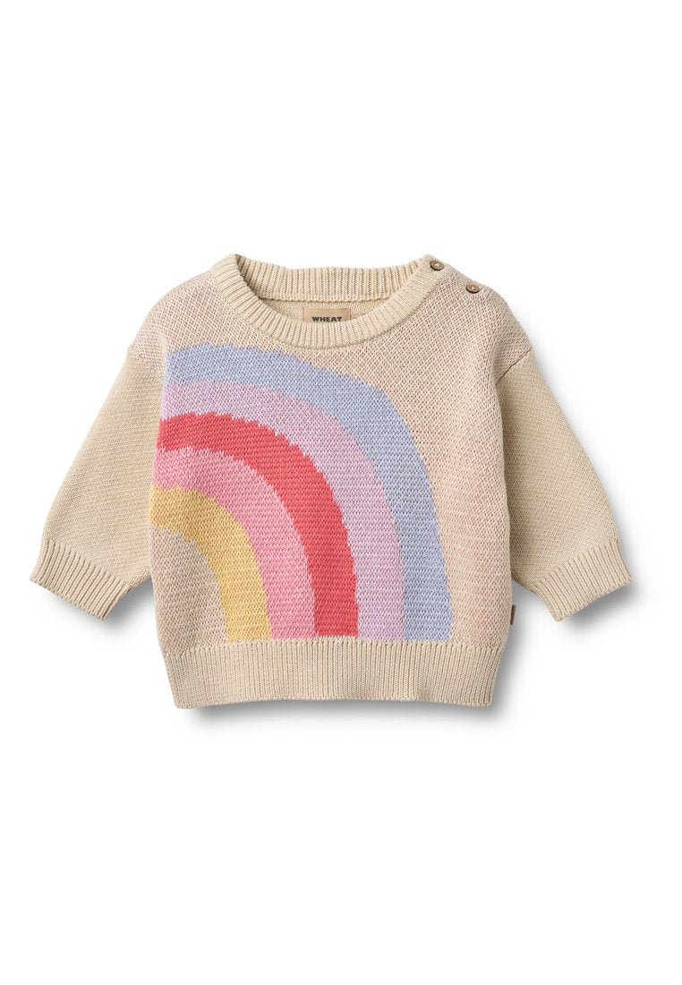 Cremefarbener Strickpullover mit einem Regenbogenmuster in Pink, Gelb, Hellblau und Rot. Verfügt über einen Rundhalsausschnitt und zwei Knöpfe an der Schulter.