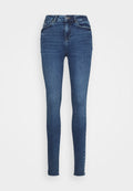 Slim Jeans aus dunkelblauem Denim, mit hoher Taille, klassischem Fünf-Taschen-Design und dezenten Verfärbungen an den Oberschenkeln und Knien.
