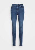 Slim Jeans aus dunkelblauem Denim, mit hoher Taille, klassischem Fünf-Taschen-Design und dezenten Verfärbungen an den Oberschenkeln und Knien.