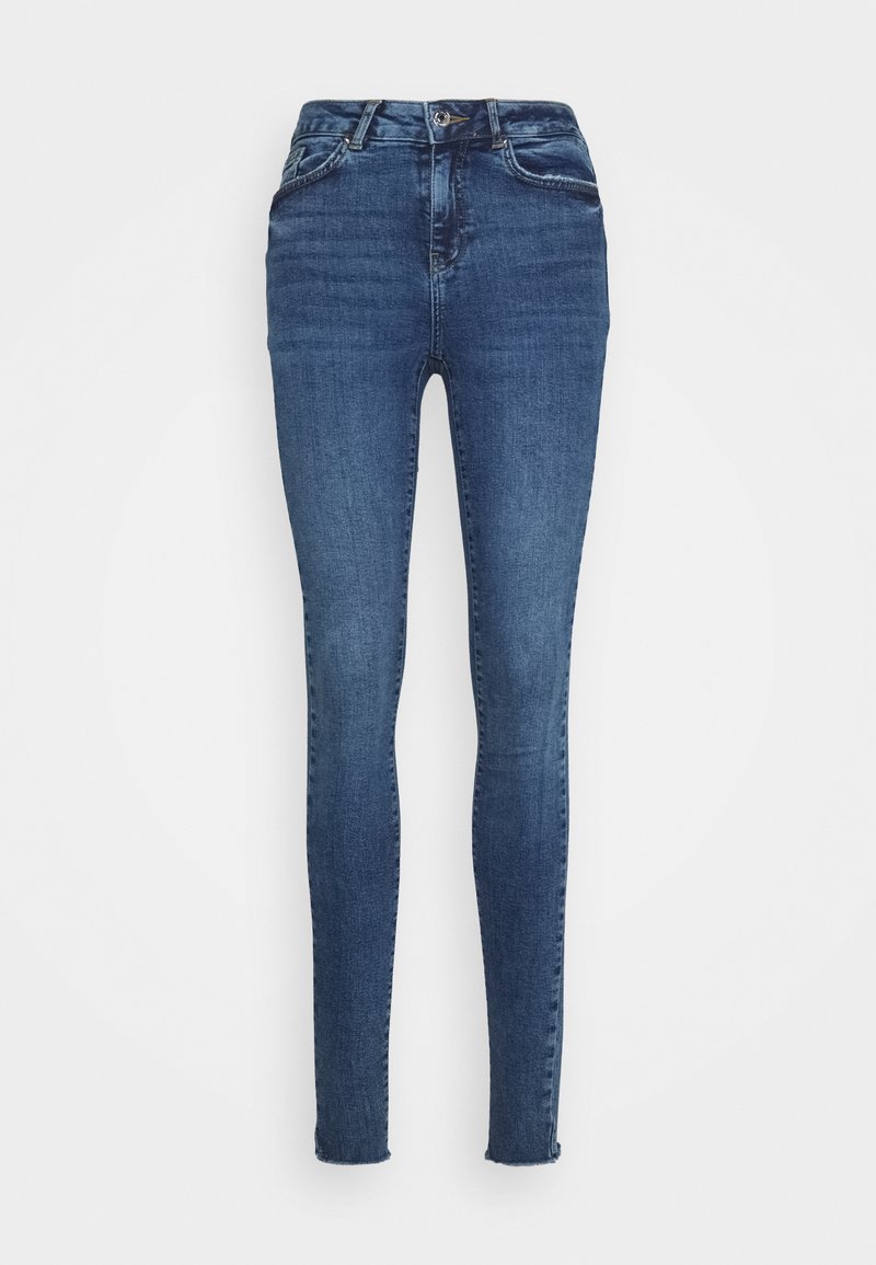Slim Jeans aus dunkelblauem Denim, mit hoher Taille, klassischem Fünf-Taschen-Design und dezenten Verfärbungen an den Oberschenkeln und Knien.