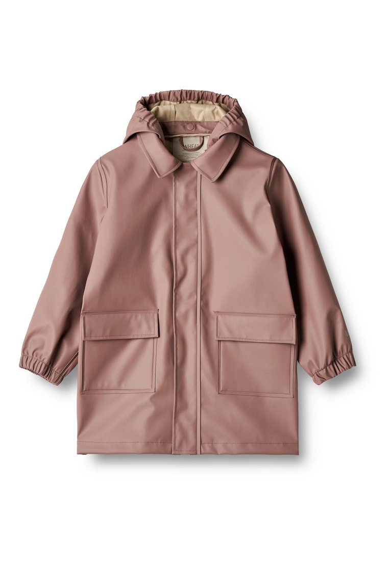 Pinkfarbene wasserdichte Jacke mit Kapuze, elastischen Bündchen, zwei Fronttaschen und glatter Textur. Entwickelt für Schutz bei nassem Wetter.