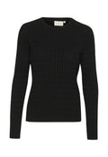 Schwarzer Strickpullover mit gerippter Textur, langen Ärmeln und rundem Halsausschnitt. Aus weichem Stoff für hohen Tragekomfort gefertigt.