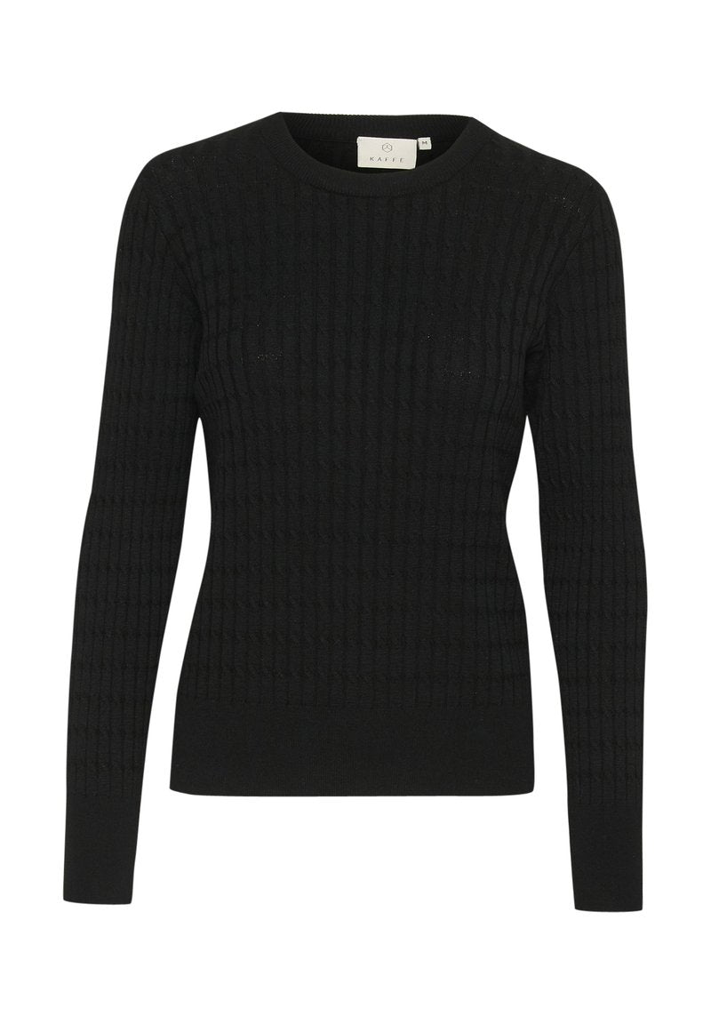 Schwarzer Strickpullover mit gerippter Textur, langen Ärmeln und rundem Halsausschnitt. Aus weichem Stoff für hohen Tragekomfort gefertigt.