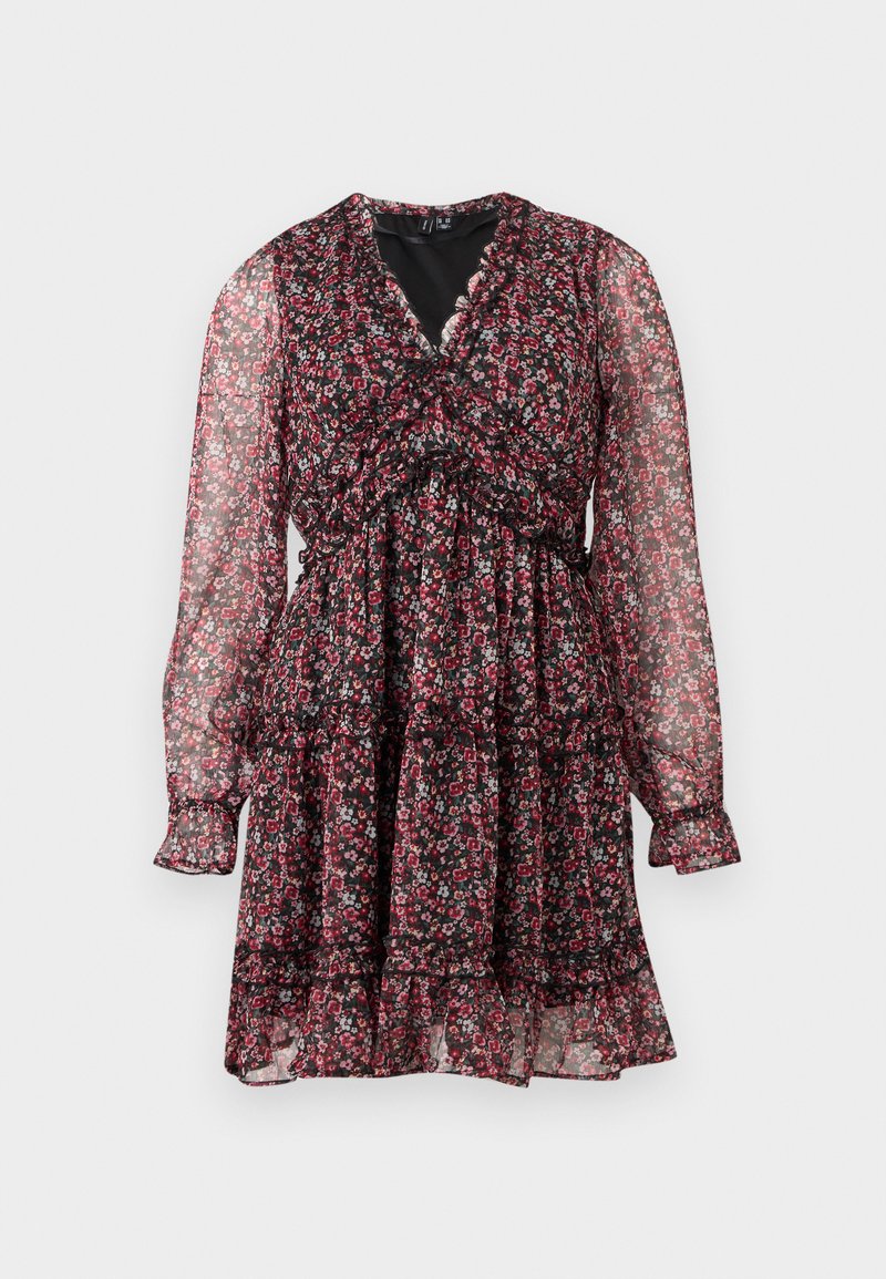 Schwarzes transparentes langärmliges Kleid mit rosa-weißem Blumenmuster, V-Ausschnitt, geraffter Taille und gestuftem Rocksaum.
