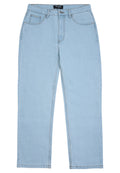 Hellblaue Jeans mit geradem Bein, Vordertaschen, Gürtelschlaufen, Knopfverschluss und sichtbaren Nahtdetails.