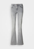 Graue Schlagjeans aus Denim, mit hoher Taille, Fünf-Taschen-Design und Used-Details an den Vorderbeinen.