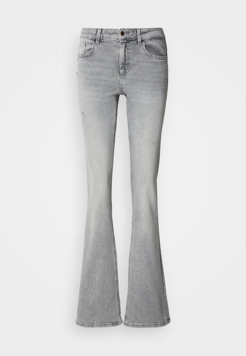 Graue Schlagjeans aus Denim, mit hoher Taille, Fünf-Taschen-Design und Used-Details an den Vorderbeinen.