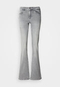 Graue Schlagjeans aus Denim, mit hoher Taille, Fünf-Taschen-Design und Used-Details an den Vorderbeinen.