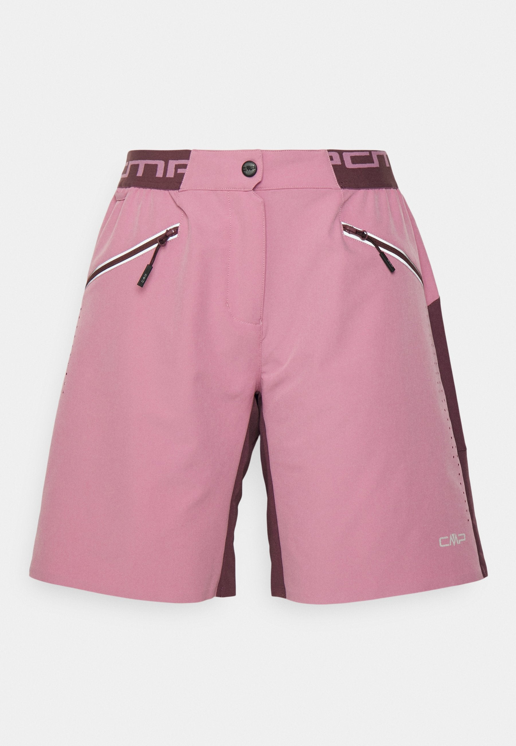 Rosa und dunkelviolette Shorts mit einer Reißverschlusstasche auf der Vorderseite, elastischem Bund und durchlüfteten seitlichen Details; aus leichtem Stoff gefertigt.