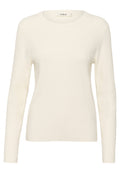 Hellecremefarbene langärmlige Sweatshirt, runder Halsausschnitt, weicher Stoff, figurbetontes Design, gerippte Bündchen und Saum, Etikett "soaked" am Hals.