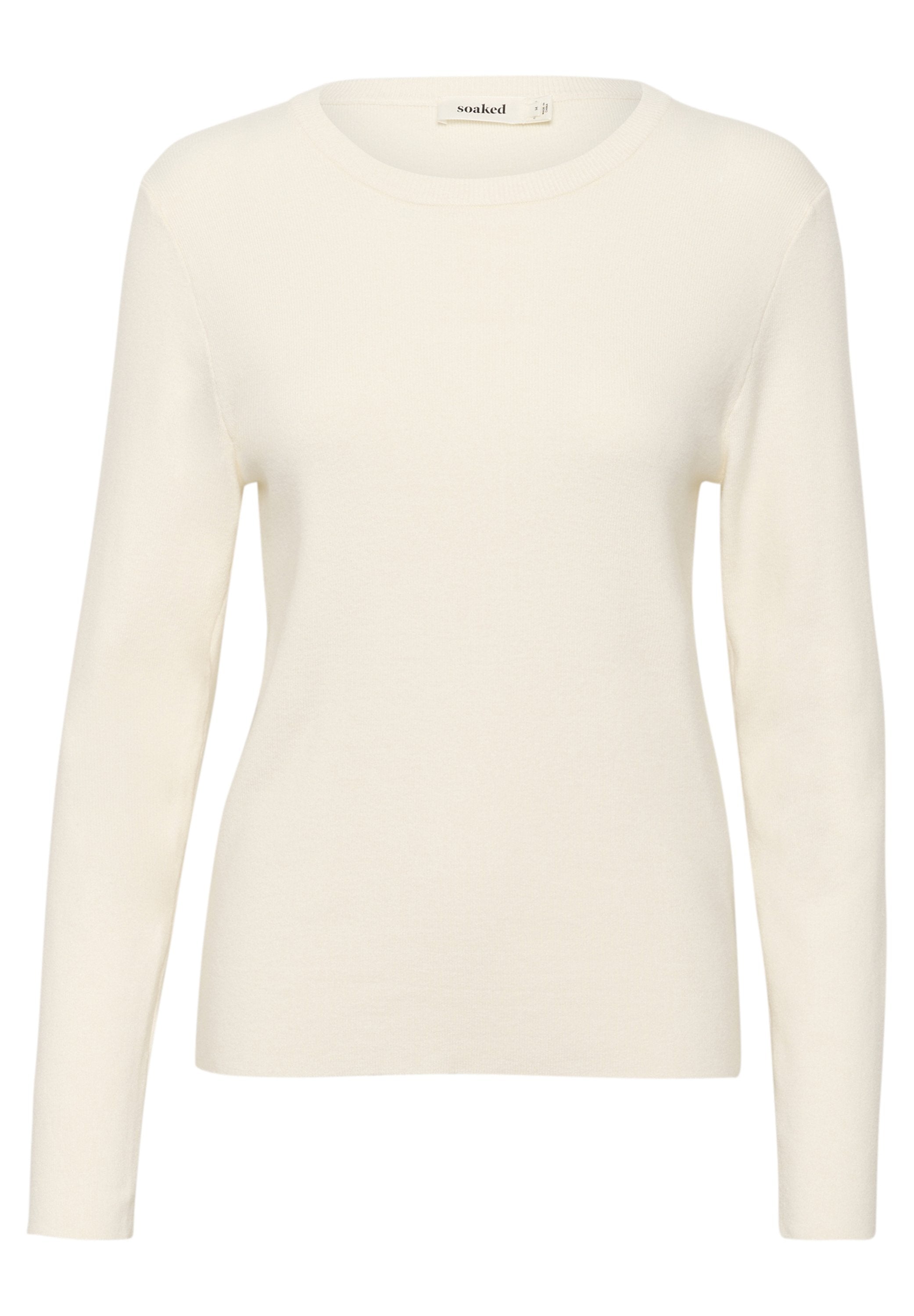 Hellecremefarbene langärmlige Sweatshirt, runder Halsausschnitt, weicher Stoff, figurbetontes Design, gerippte Bündchen und Saum, Etikett "soaked" am Hals.