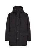 Schwarze Parkajacke mit Kapuze, zwei großen Fronttaschen, Druckknöpfen und einem strukturierten Stofffinish. Verstellbare Kordeln an der Taille.