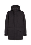Schwarze Parkajacke mit Kapuze, zwei großen Fronttaschen, Druckknöpfen und einem strukturierten Stofffinish. Verstellbare Kordeln an der Taille.