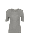 Graues T-Shirt mit kurzen Ärmeln, aus weichem Material gefertigt, mit einem runden Halsausschnitt und einem einfachen, schlichten Design.