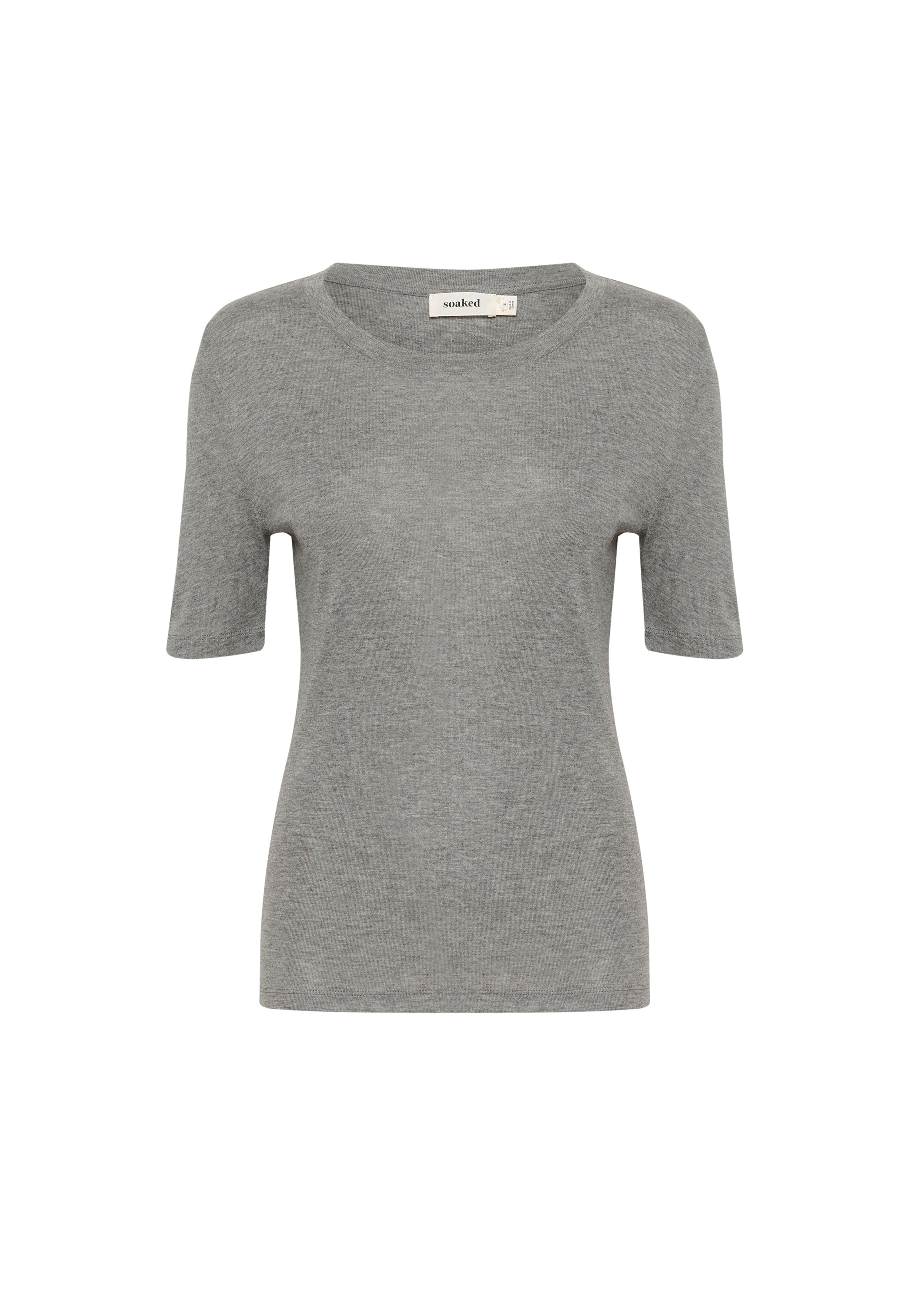 Graues T-Shirt mit kurzen Ärmeln, aus weichem Material gefertigt, mit einem runden Halsausschnitt und einem einfachen, schlichten Design.