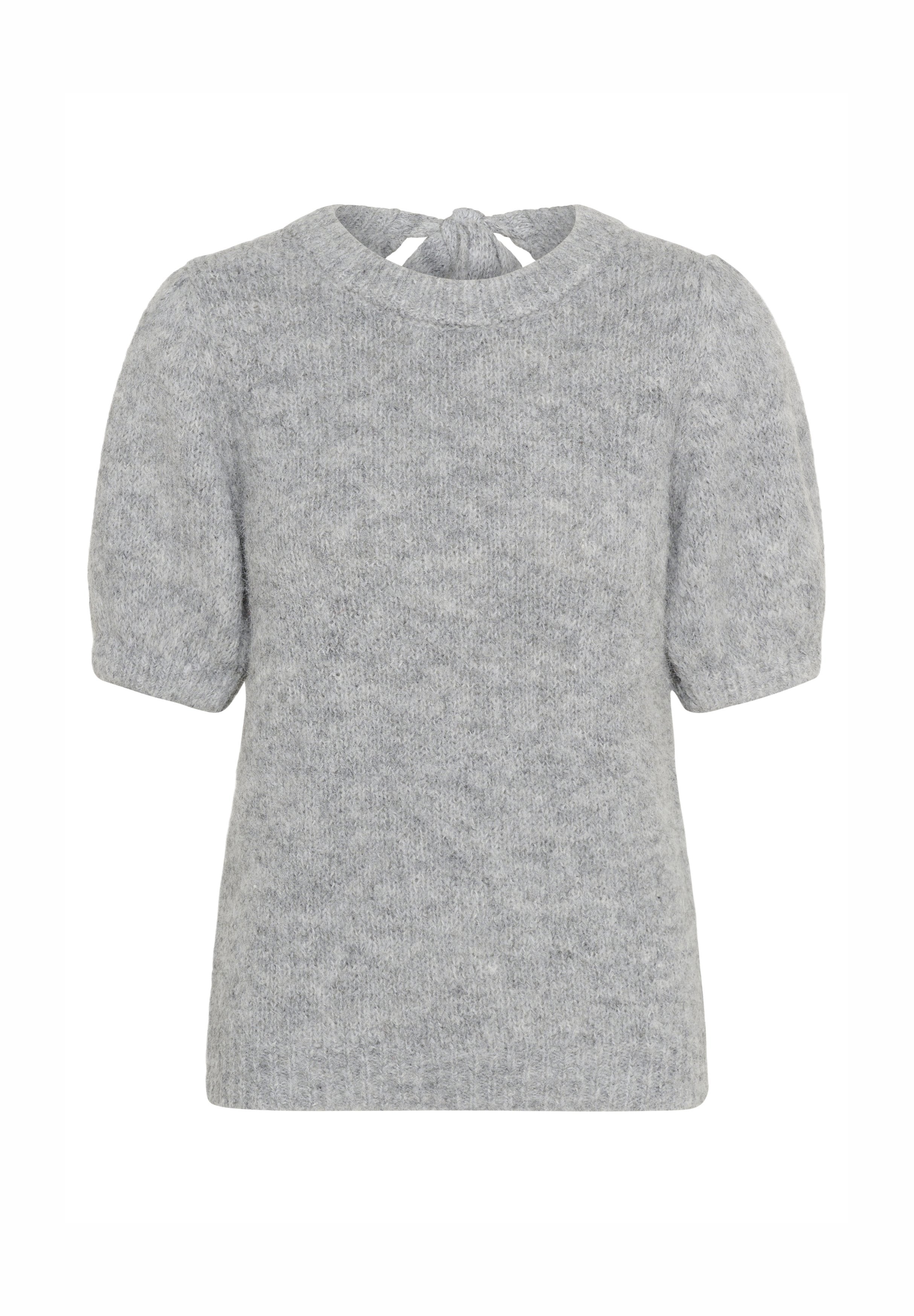 Hellgrauer gestrickter Pullover mit kurzen Puffärmeln, rundem Ausschnitt und einer Schnürung im Rücken. Weicher Stoff und lockere Passform.