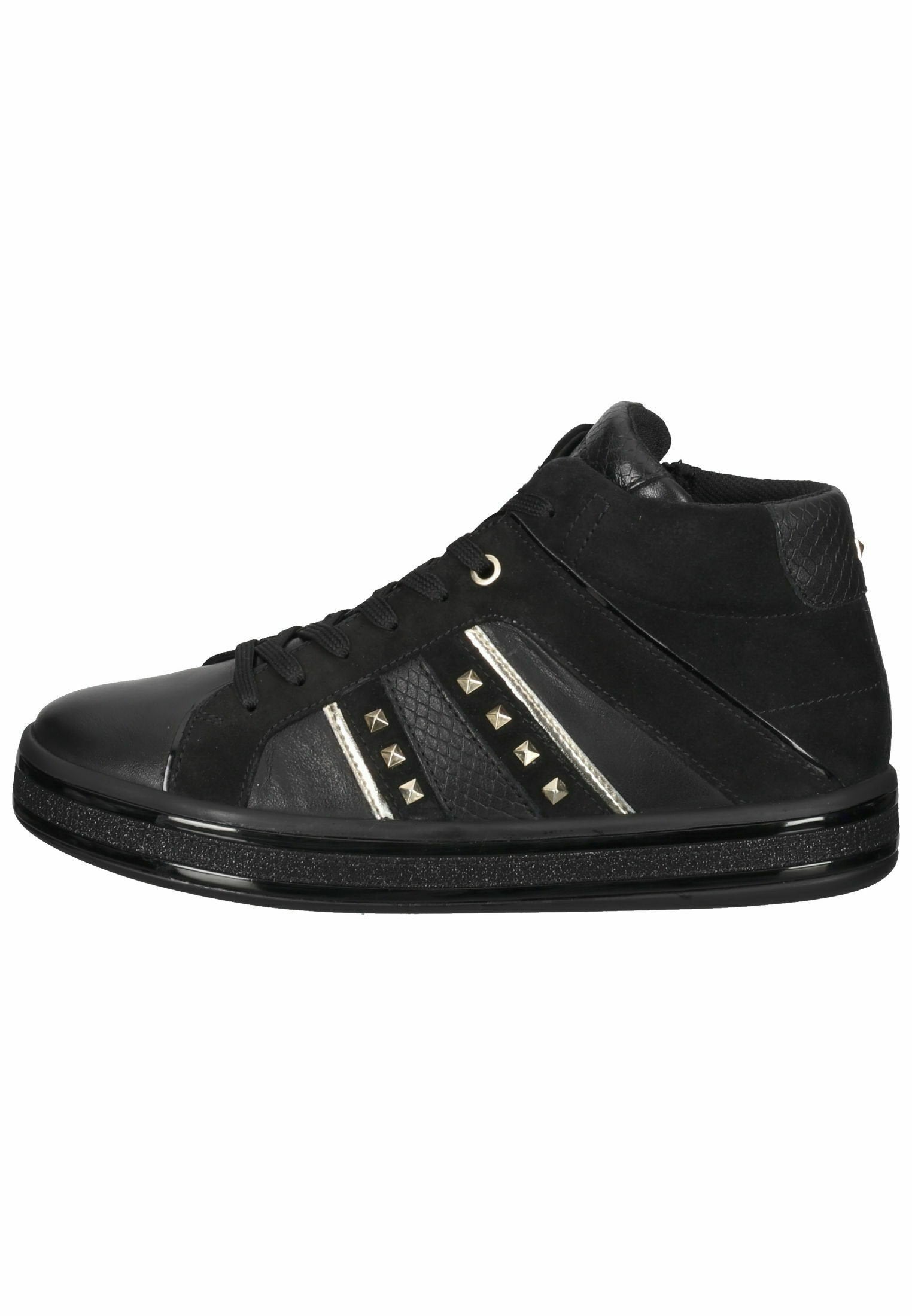 Schwarze High-Top-Sneaker aus Leder und Wildleder. Mit kontrastierenden weißen Streifen und kleinen metallischen Nieten. Texturiertes Detail an der Seite.