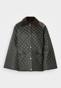 Gep quiltete dunkelgrüne Jacke mit braunem Cordkragen, Druckknöpfen und zwei Fronttaschen. Verfügt über ein strukturiertes Rautenmuster.