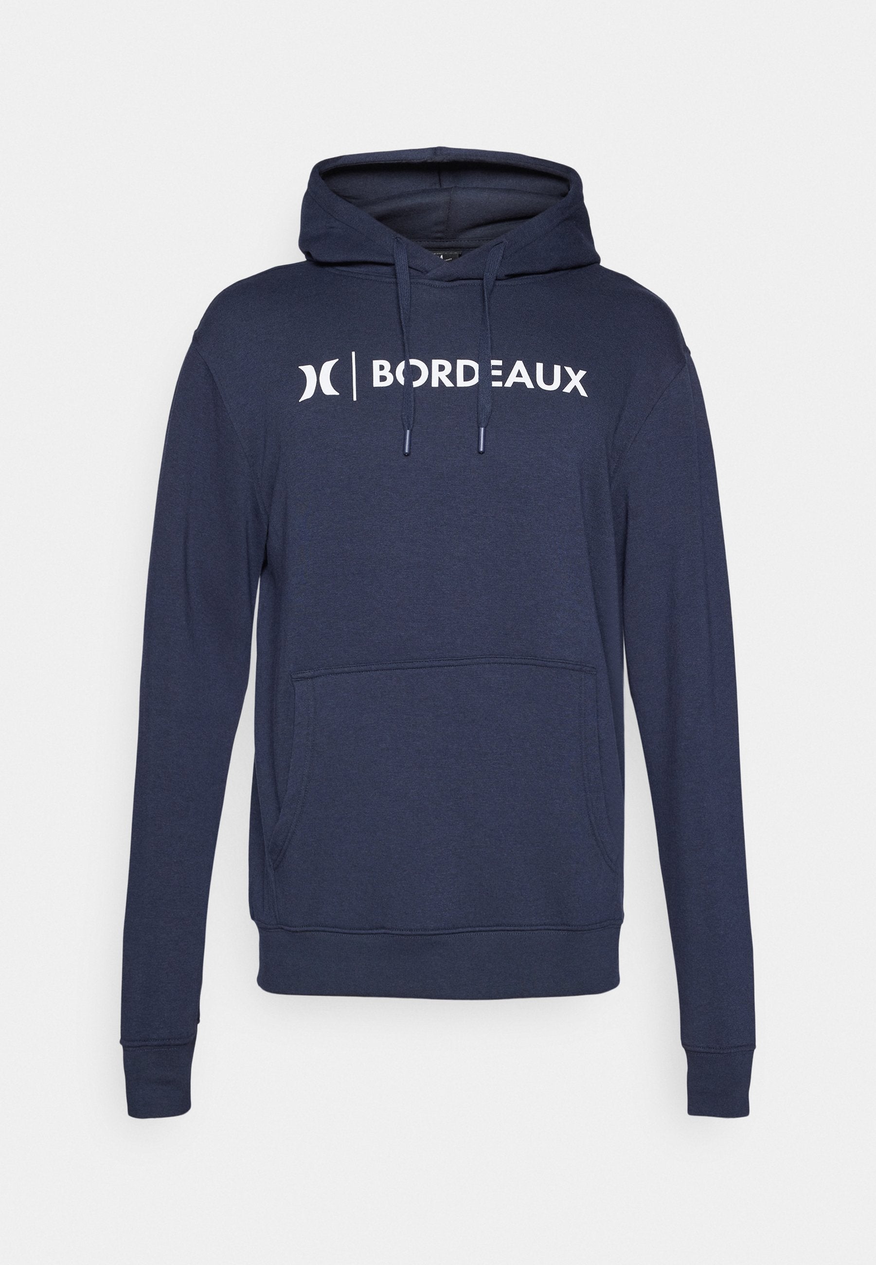 Marineblaue Kapuzenjacke aus Baumwollmischung, mit einer frontalen Kängurutasche, Kordelzugkapuze und weißem Druckschriftzug "BORDEAUX".