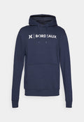Marineblaue Kapuzenjacke aus Baumwollmischung, mit einer frontalen Kängurutasche, Kordelzugkapuze und weißem Druckschriftzug "BORDEAUX".