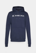 Marineblaue Kapuzenjacke aus Baumwollmischung, mit einer frontalen Kängurutasche, Kordelzugkapuze und weißem Druckschriftzug "BORDEAUX".