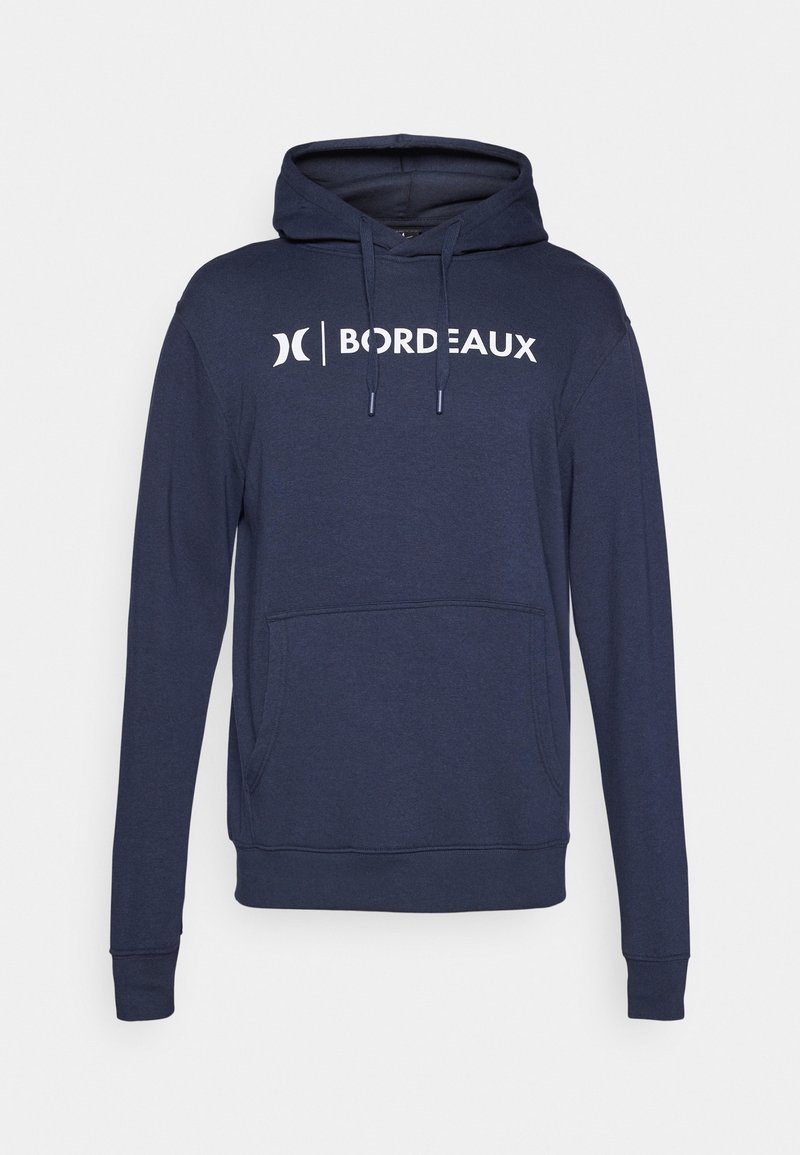 Marineblaue Kapuzenjacke aus Baumwollmischung, mit einer frontalen Kängurutasche, Kordelzugkapuze und weißem Druckschriftzug "BORDEAUX".