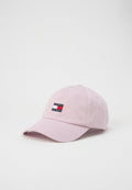 Rosa Baumwoll-Baseballmütze mit gebogenem Schirm und besticktem Logopatch in Rot, Weiß und Blau. Verstellbarer Riemen hinten.