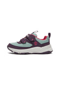 Lila und türkisfarbene Sportschuh mit Mesh-Obermaterial, zwei Klettverschlüssen, einem gepolsterten Kragen und einer weißen Sohle; mit Logodetails an der Seite.