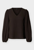 Schwarze, langärmelige Bluse mit V-Ausschnitt, gepufften Schultern und elastischen Bündchen, präsentiert vor hellem, schlichtem Hintergrund.