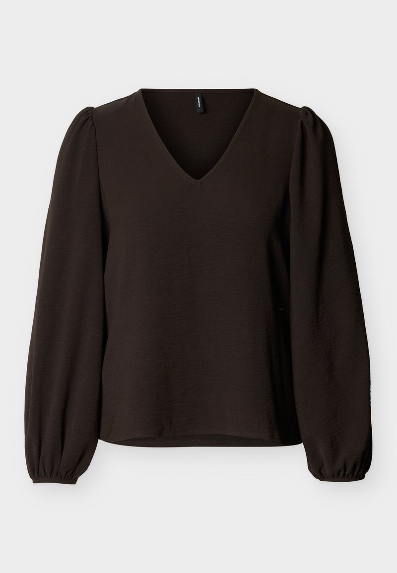 Schwarze, langärmelige Bluse mit V-Ausschnitt, gepufften Schultern und elastischen Bündchen, präsentiert vor hellem, schlichtem Hintergrund.