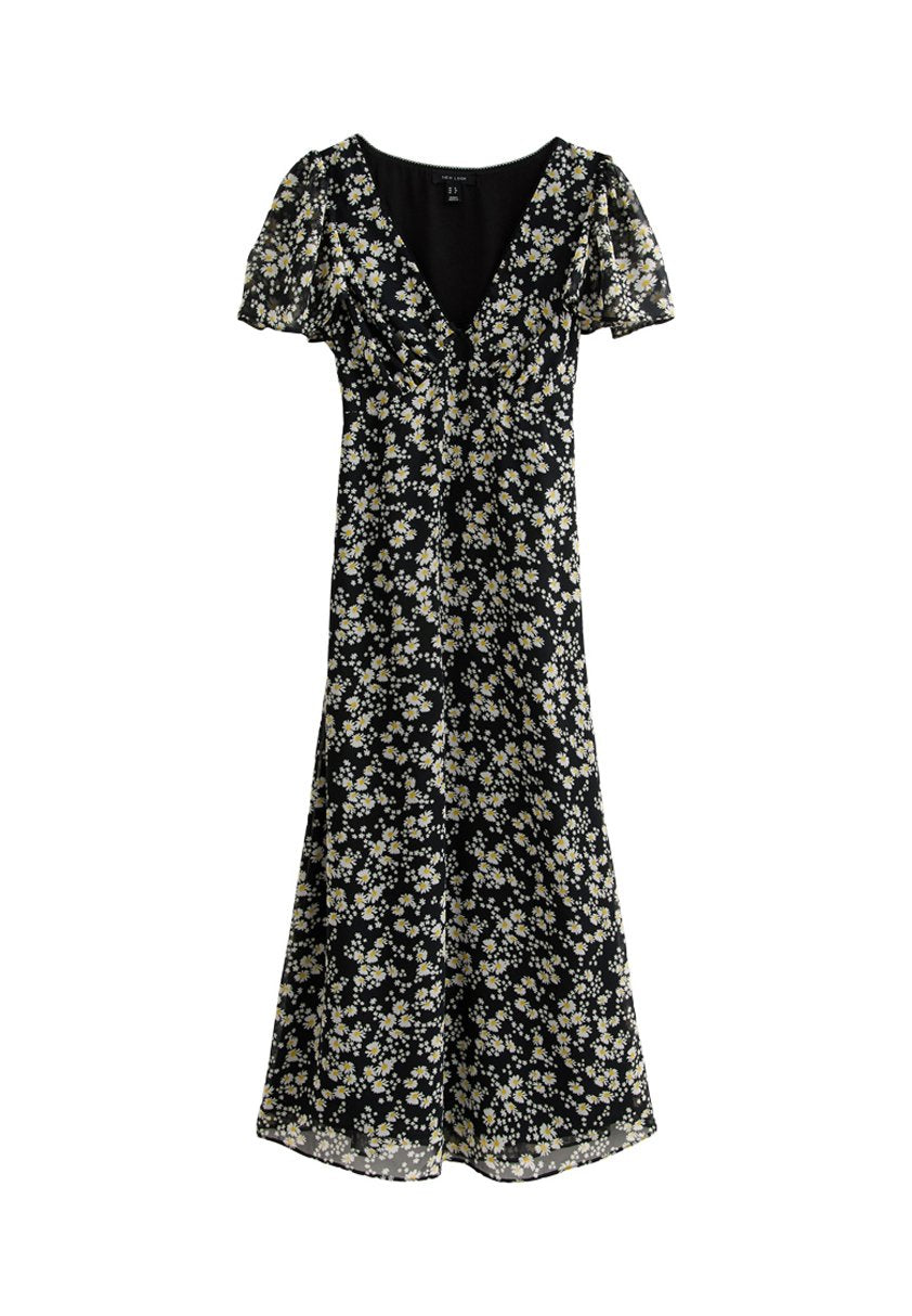 Schwarzes Midi-Kleid mit weißem und gelbem Gänseblümchenmuster, V-Ausschnitt und kurzen Puffärmeln.