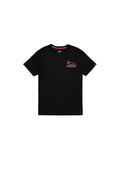 Schwarzes Baumwoll-T-Shirt mit rundem Ausschnitt, kurzen Ärmeln und einem bunten Grafikdruck mit "Naval Maneuvers" auf der Brust.