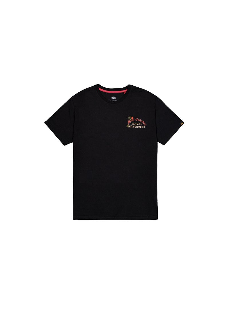 Schwarzes Baumwoll-T-Shirt mit rundem Ausschnitt, kurzen Ärmeln und einem bunten Grafikdruck mit "Naval Maneuvers" auf der Brust.