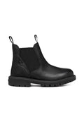 Schwarze Leder-Chelsea-Stiefel mit elastischem Seiteneinsatz, Ziehlaschen und rutschfester Gummisohle. Das Design ist glatt mit Steppnähten als Akzent.