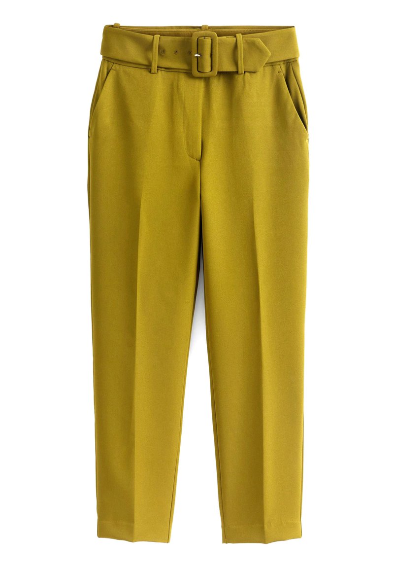 Hose in einem lebhaften Senfgelb, mit einem Gürtel in der Taille, seitlichen Taschen, einer glatten Textur und einem schmal zulaufenden Bein-Design.