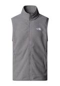Graue Fleece-Weste mit hohem Kragen, frontalem Reißverschluss und seitlichen Taschen. Ein kleines weißes Logo befindet sich auf der oberen linken Brust.