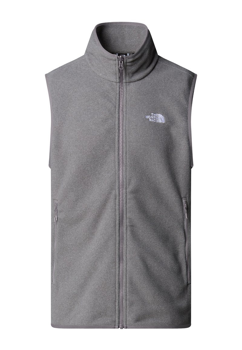 Graue Fleece-Weste mit hohem Kragen, frontalem Reißverschluss und seitlichen Taschen. Ein kleines weißes Logo befindet sich auf der oberen linken Brust.