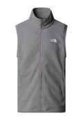 Graue Fleece-Weste mit hohem Kragen, frontalem Reißverschluss und seitlichen Taschen. Ein kleines weißes Logo befindet sich auf der oberen linken Brust.