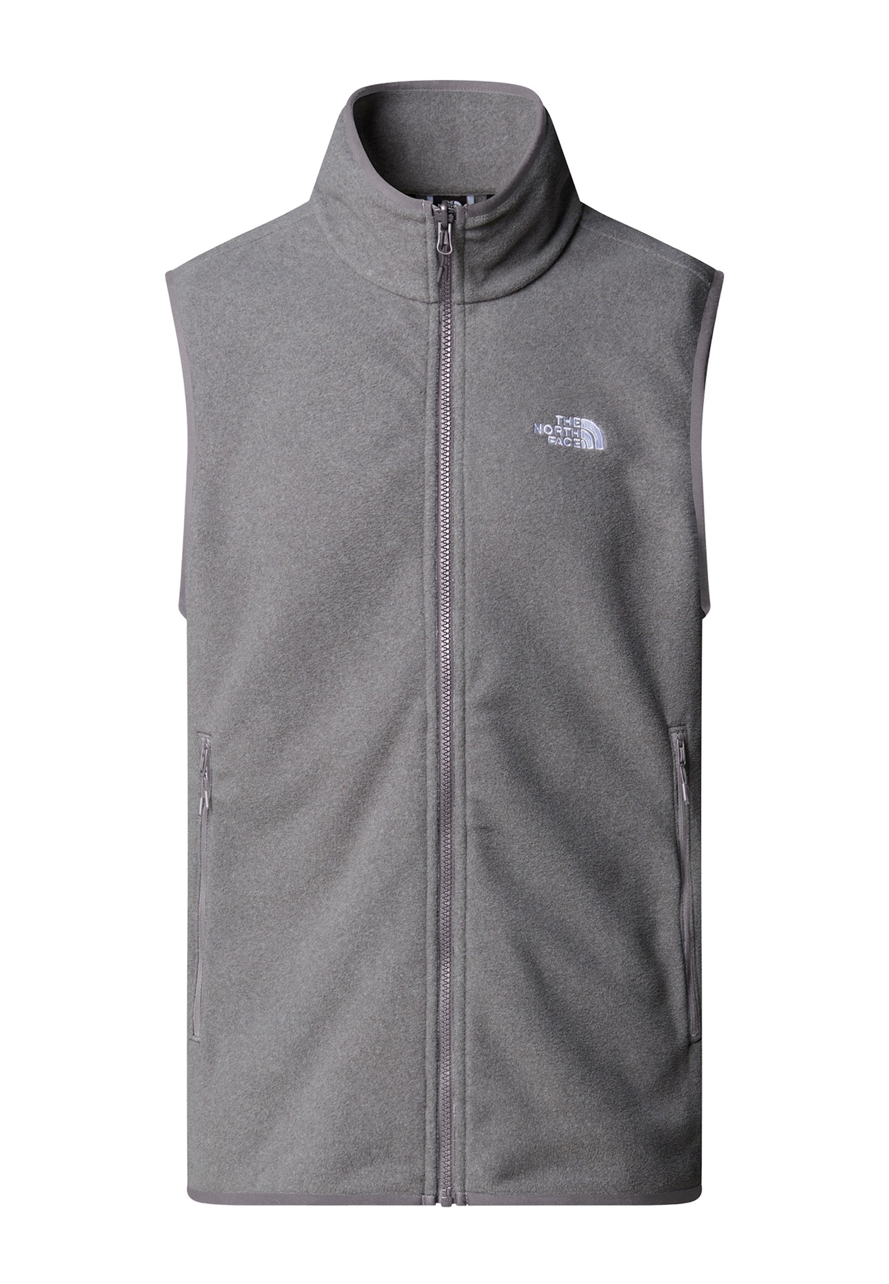 Graue Fleece-Weste mit hohem Kragen, frontalem Reißverschluss und seitlichen Taschen. Ein kleines weißes Logo befindet sich auf der oberen linken Brust.