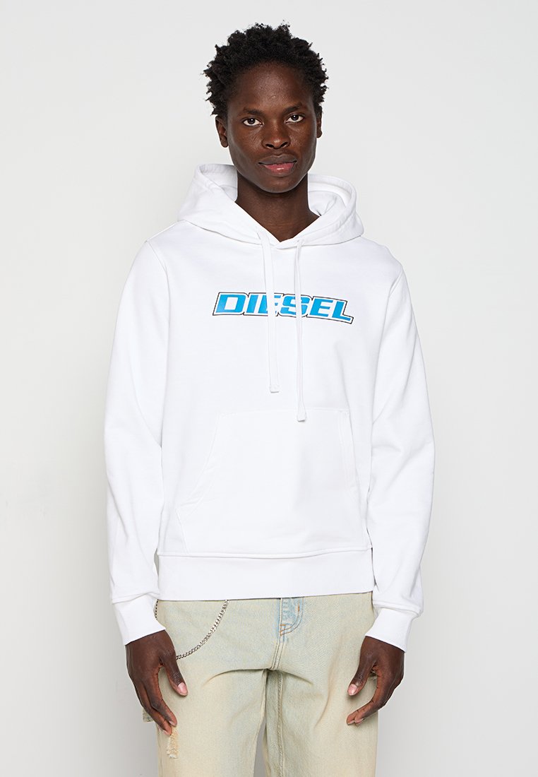 Weißer Baumwoll-Hoodie mit einer vorderen Kängurutasche, die ein blaues "DIESEL"-Grafikdesign aufweist. Mit Zugbandkapuze, gerippten Bündchen und Saum.