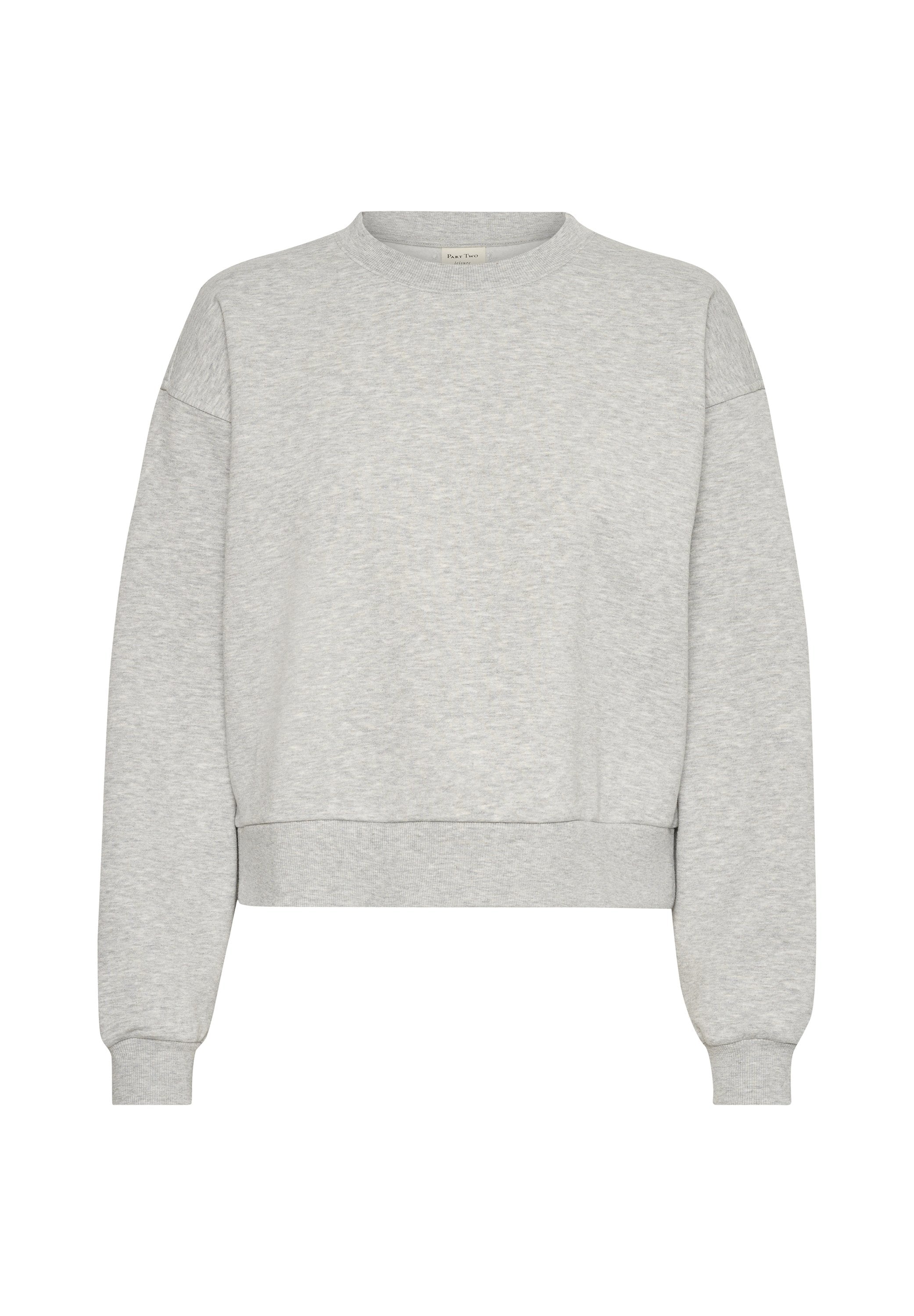 Grau geschnittenes Sweatshirt mit langen Ärmeln, rundem Halsausschnitt und gerippten Bündchen und Saum. Hergestellt aus weichem, strukturiertem Stoff.