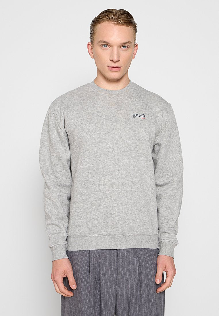 Grauer Baumwollpullover mit langen Ärmeln, Rundhalsausschnitt, gerippten Bündchen und Saum. Mit einem kleinen Logo auf der linken Brust.