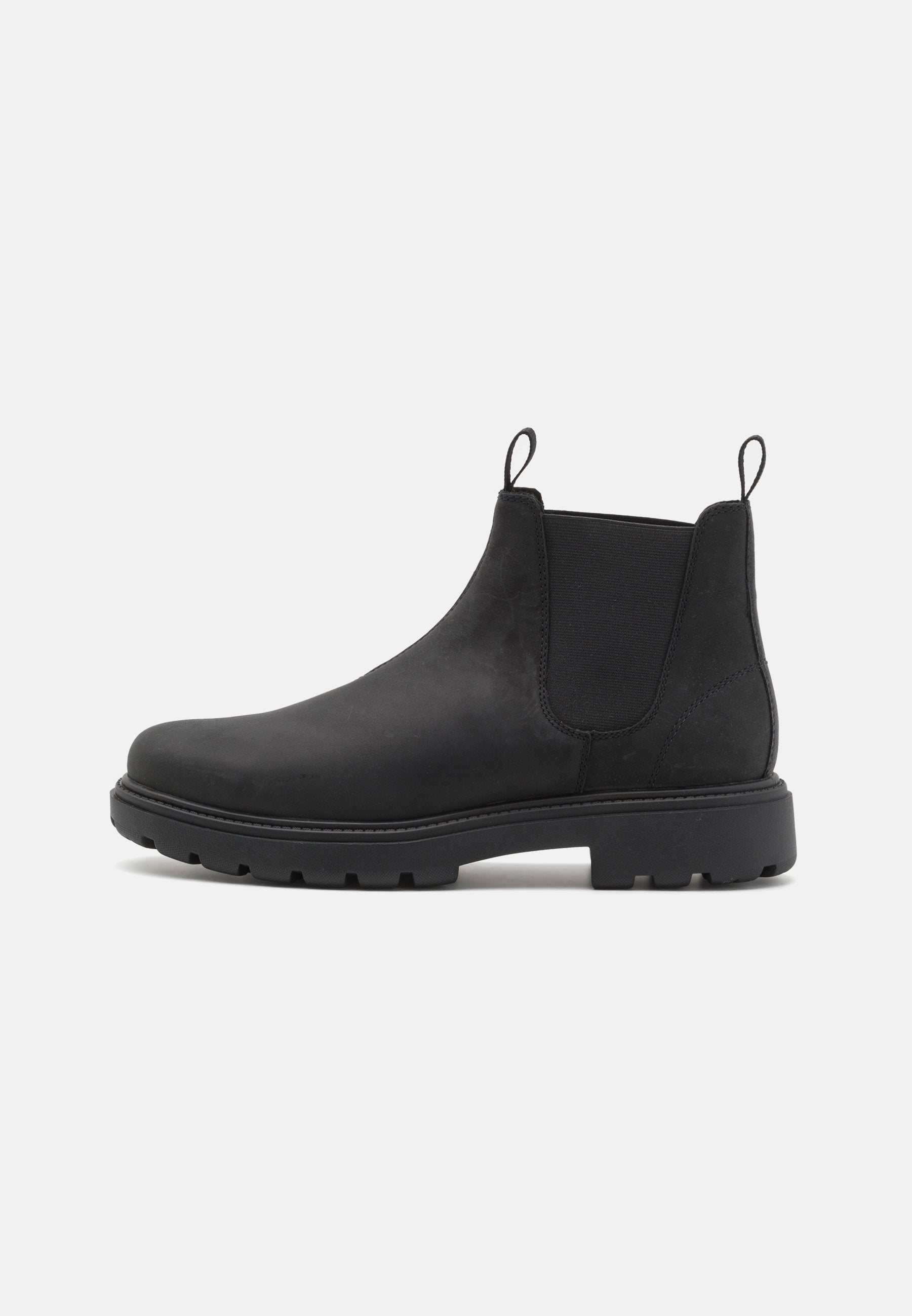 Schwarze Leder-Chelsea-Stiefel mit elastischen Seiten, Zugschlaufen, runder Zehenpartie und robustem Gummisohle. Glatte Textur und minimalistisches Design.